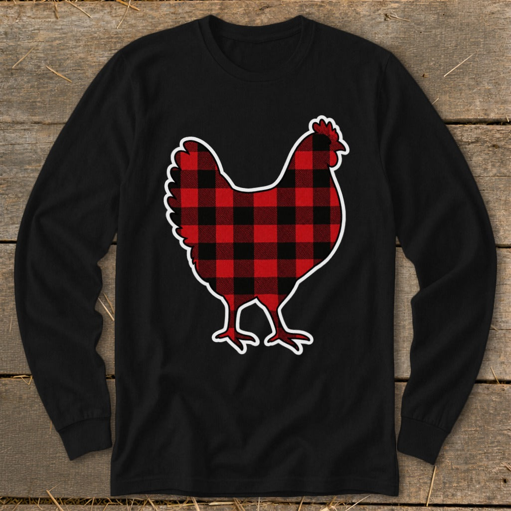 Black long sleeve shirt with a red and black buffalo plaid chicken graphic.