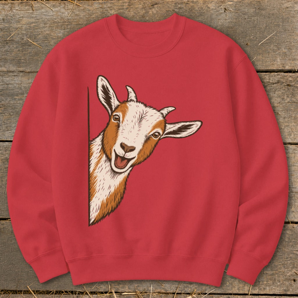 Red crewneck sweatshirt with a cartoon goat peeking from the left side.