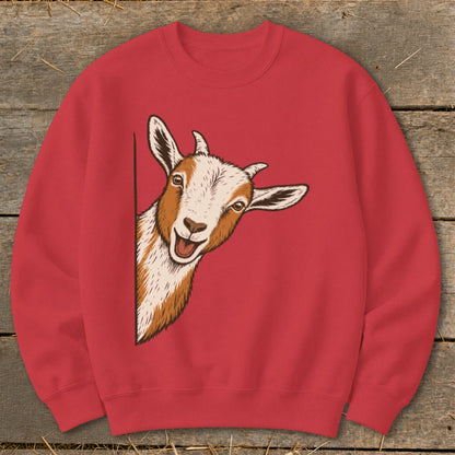 Red crewneck sweatshirt with a cartoon goat peeking from the left side.