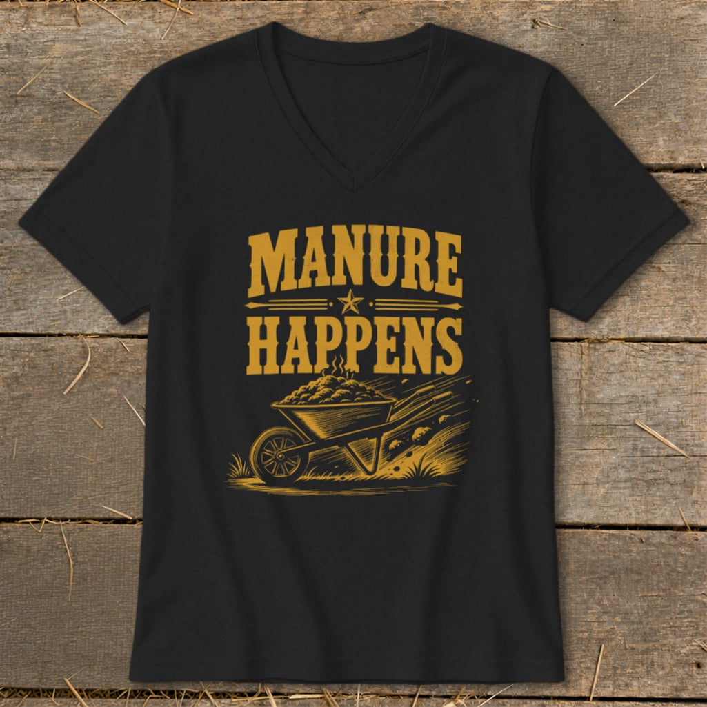 Black t-shirt with "MANURE HAPPENS" text and wheelbarrow graphic.
