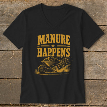Black t-shirt with "MANURE HAPPENS" text and wheelbarrow graphic.
