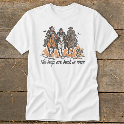 Skeleton, vampire, and zombie cowboys ride horses with a dog and text.