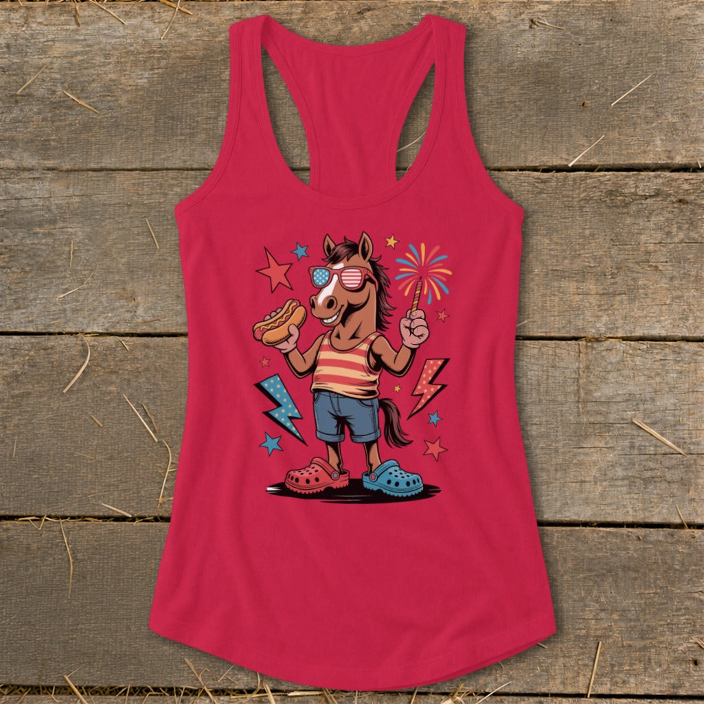 Cartoon horse in sunglasses holding hot dog and sparkler, with fireworks and lightning bolts.