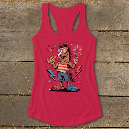 Cartoon horse in sunglasses holding hot dog and sparkler, with fireworks and lightning bolts.