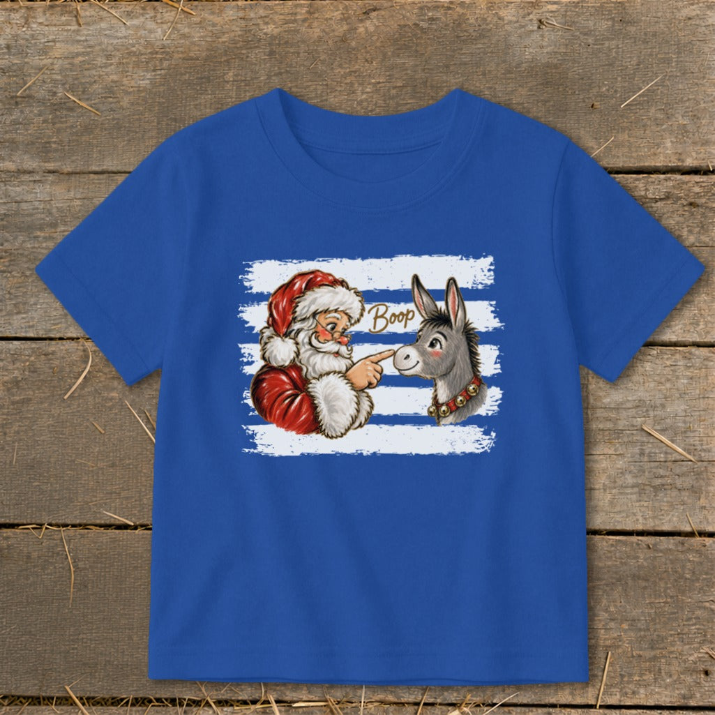 Santa booping a donkey's nose with the word "Boop" on a blue striped background.