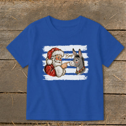 Santa booping a donkey's nose with the word "Boop" on a blue striped background.