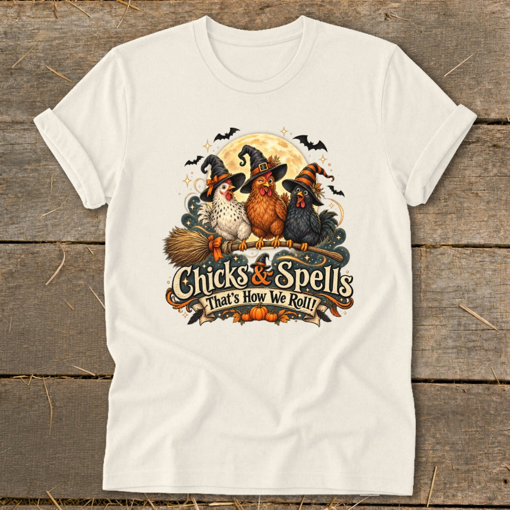 T-shirt graphic with three witch-hatted chickens on a broomstick, "Chicks & Spells" text.