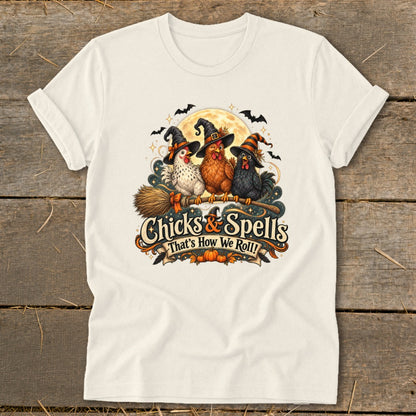 T-shirt graphic with three witch-hatted chickens on a broomstick, "Chicks & Spells" text.