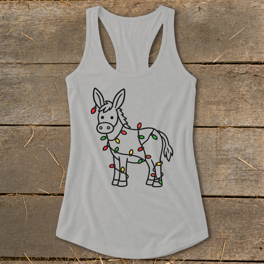 Grey tank top with a cartoon donkey covered in colorful Christmas lights graphic.