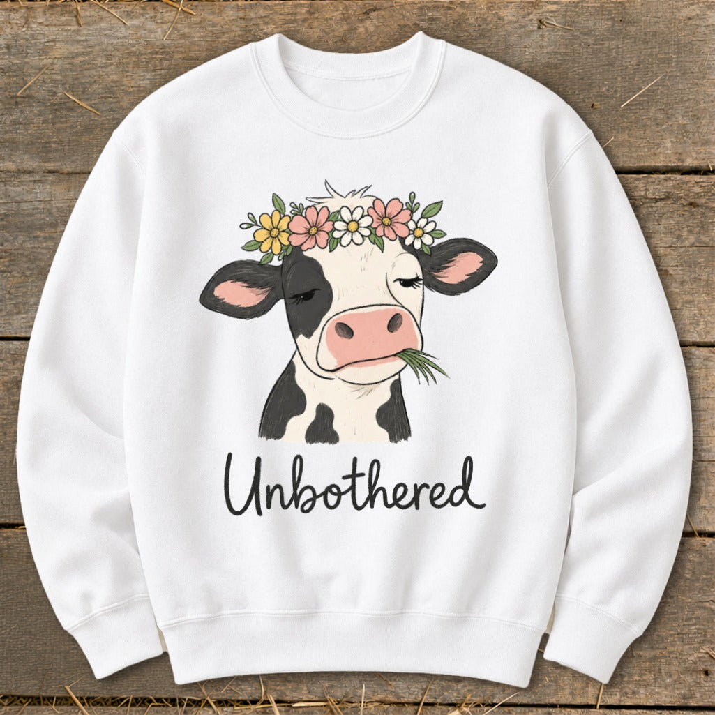 White sweatshirt with cow wearing flower crown, eating grass, and text "Unbothered".