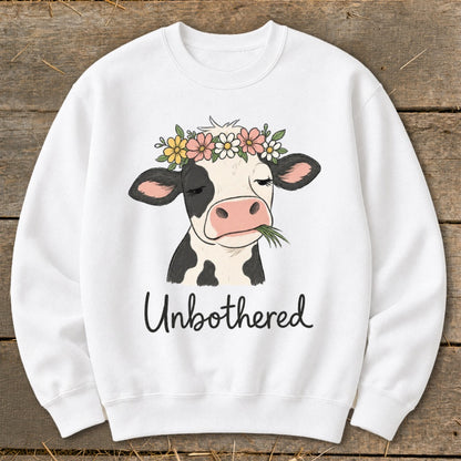 White sweatshirt with cow wearing flower crown, eating grass, and text "Unbothered".