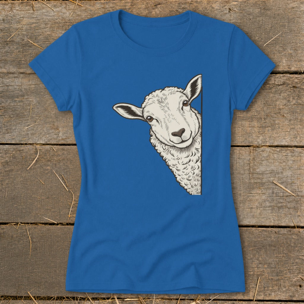 Blue t-shirt with a drawing of a sheep peeking from the side.