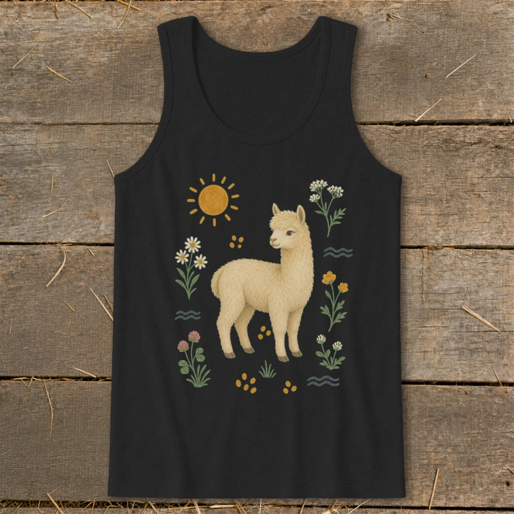 Black tank top with a cream alpaca surrounded by flowers and a sun.