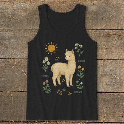 Black tank top with a cream alpaca surrounded by flowers and a sun.