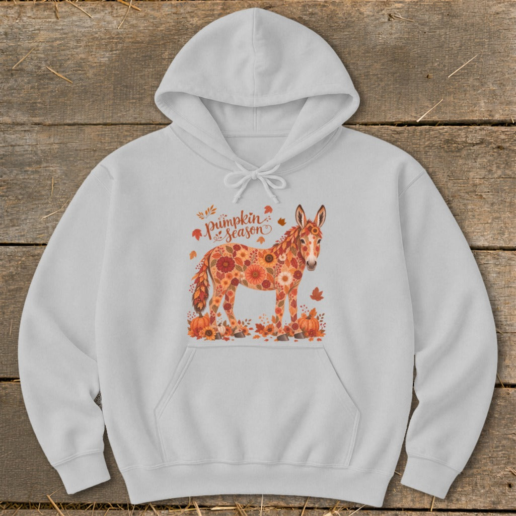 White hoodie with a donkey design made of flowers and autumn leaves.