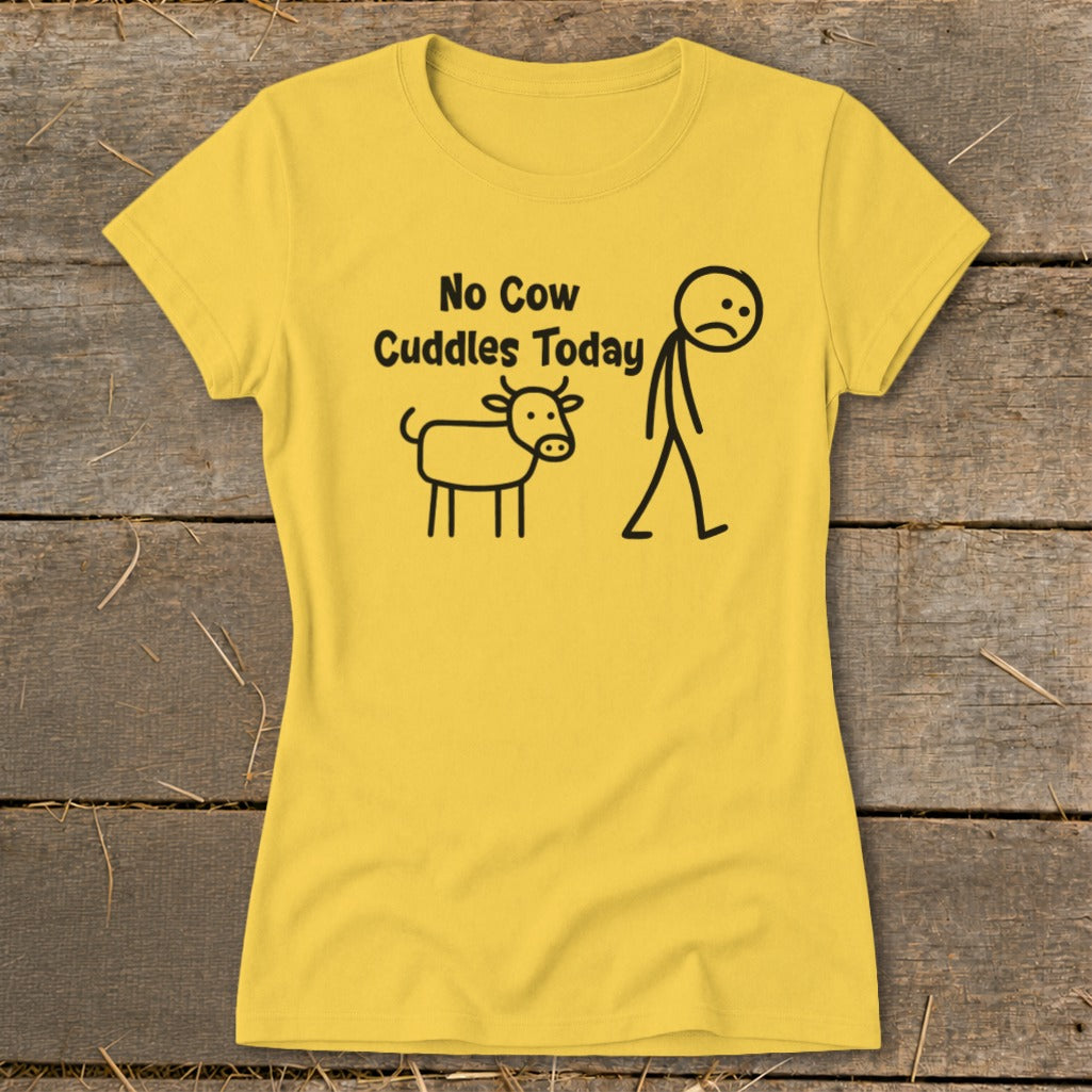 Yellow t-shirt with stick figures of a sad person and a cow, and text "No Cow Cuddles Today".