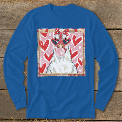 Long sleeve blue t-shirt with a graphic of a chicken wearing heart sunglasses blowing bubblegum.