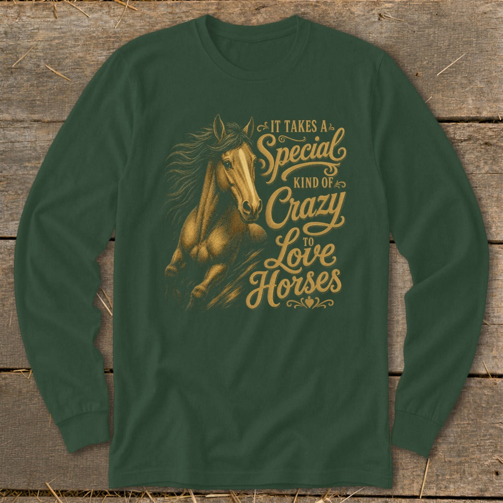 Green long-sleeve shirt with gold text and illustration of a horse.