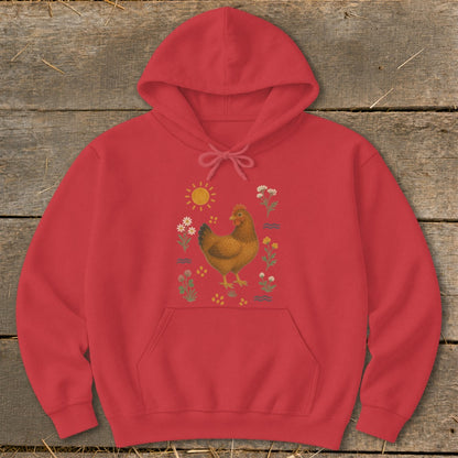 Red hoodie with a brown hen illustration surrounded by flowers, sun, and wavy lines.