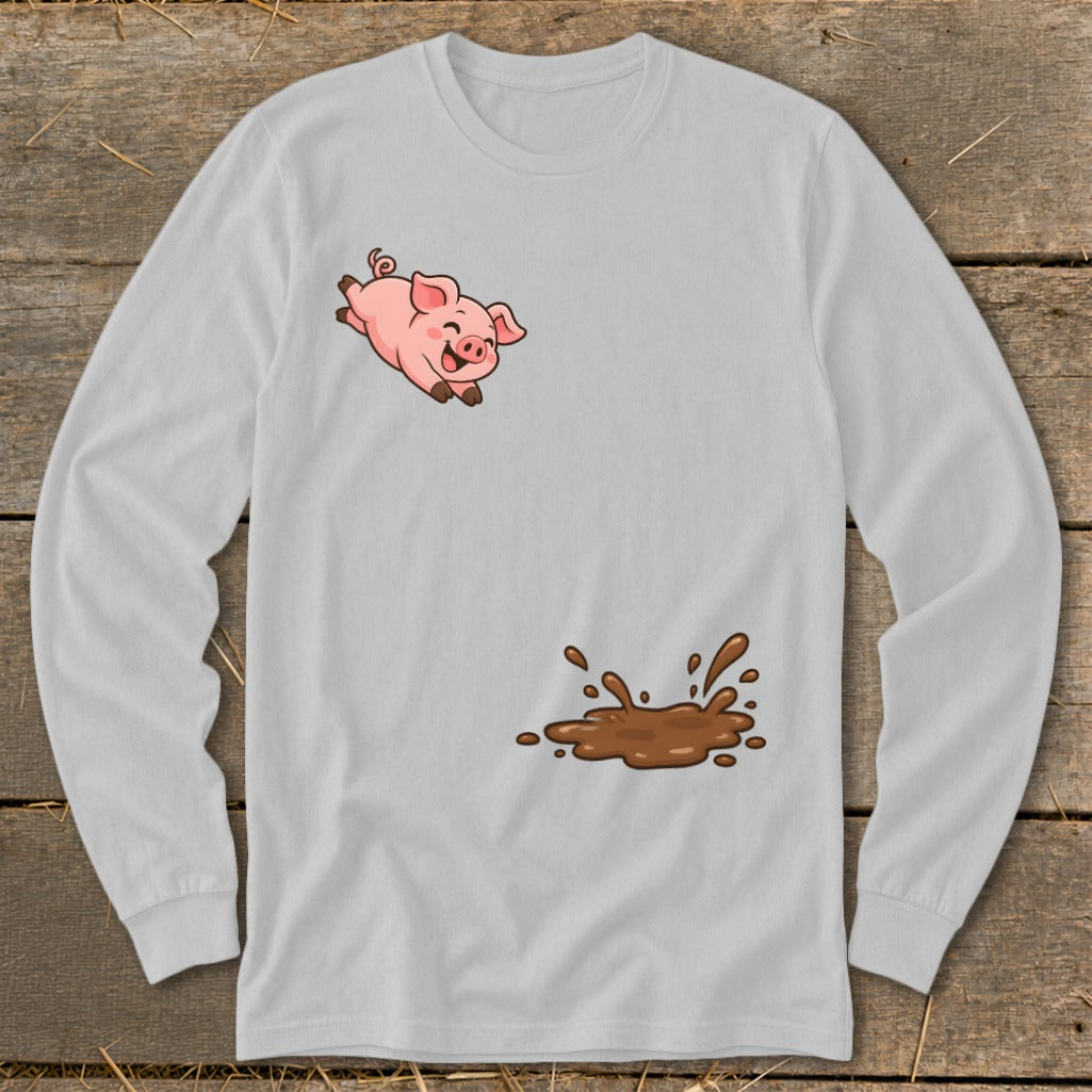 Light grey long sleeve t-shirt with cartoon pig jumping into mud puddle graphic.