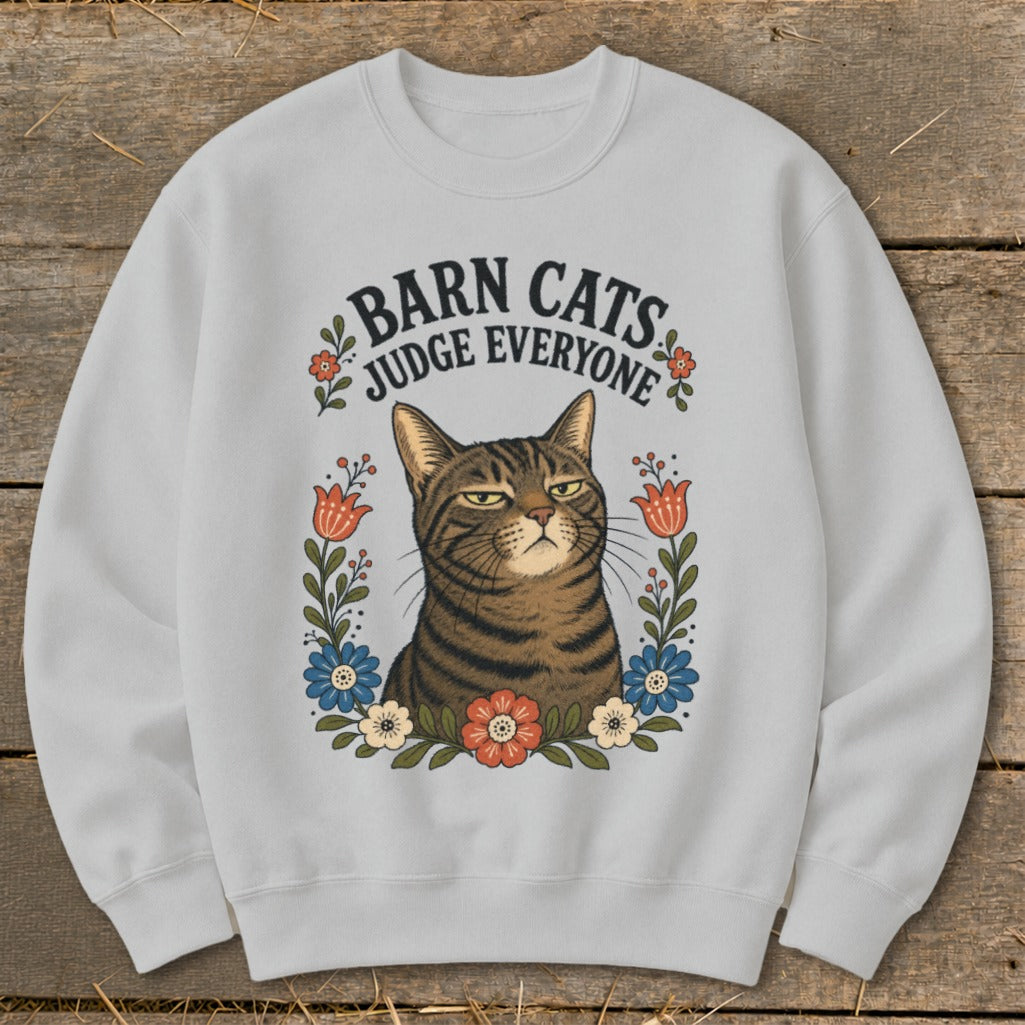 Light gray sweatshirt with a tabby cat graphic and the text "Barn Cats Judge Everyone".