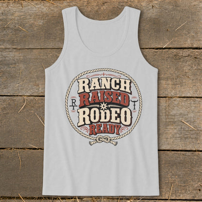 Light gray tank top with "Ranch Raised Rodeo Ready" text inside a rope circle.
