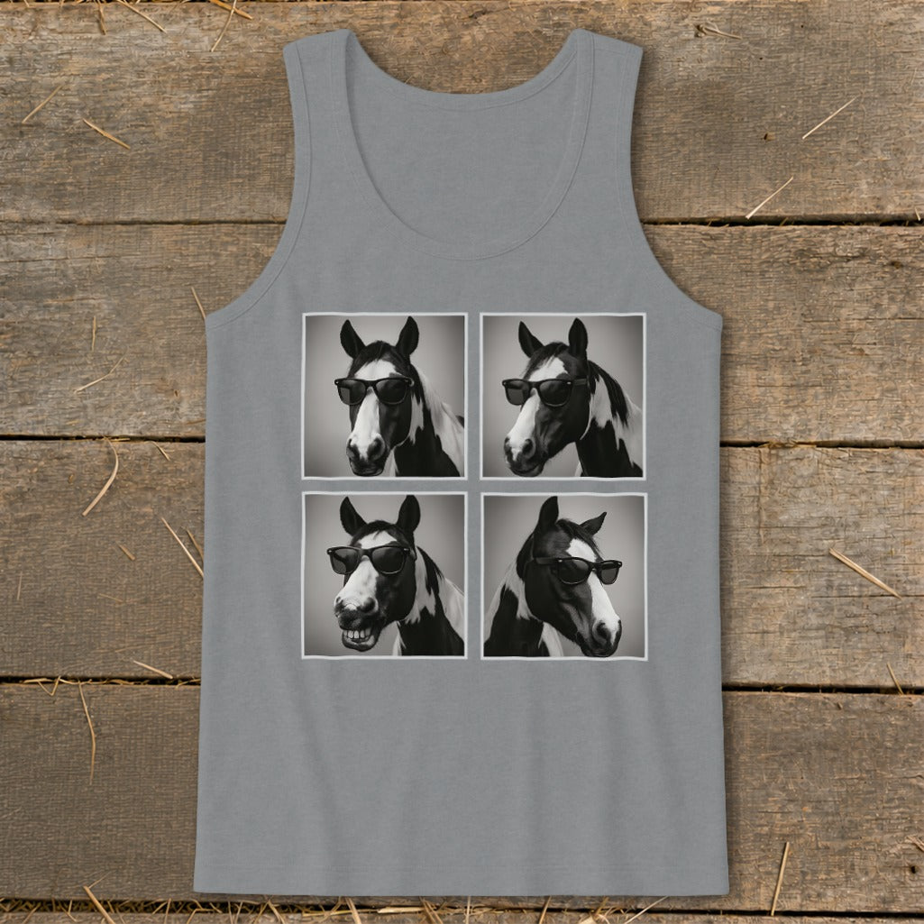 Tank top with four black and white images of a horse wearing sunglasses.