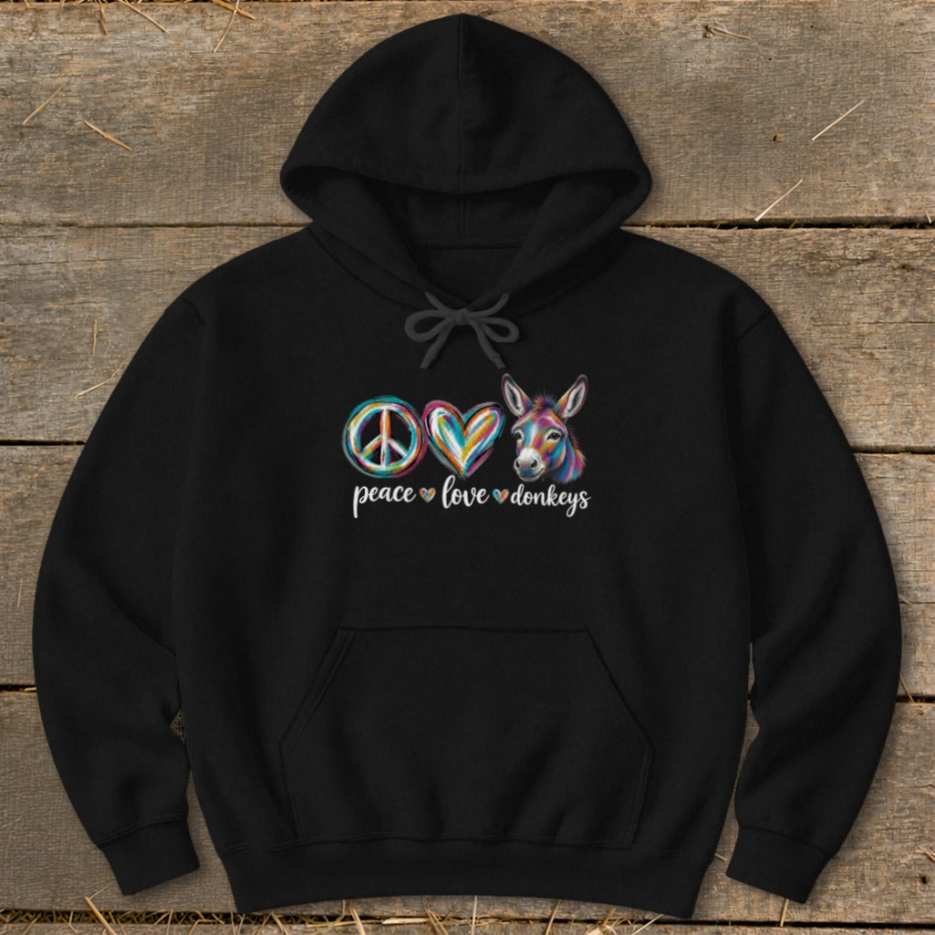 Black hoodie with peace sign, heart, and colorful donkey graphic and text.
