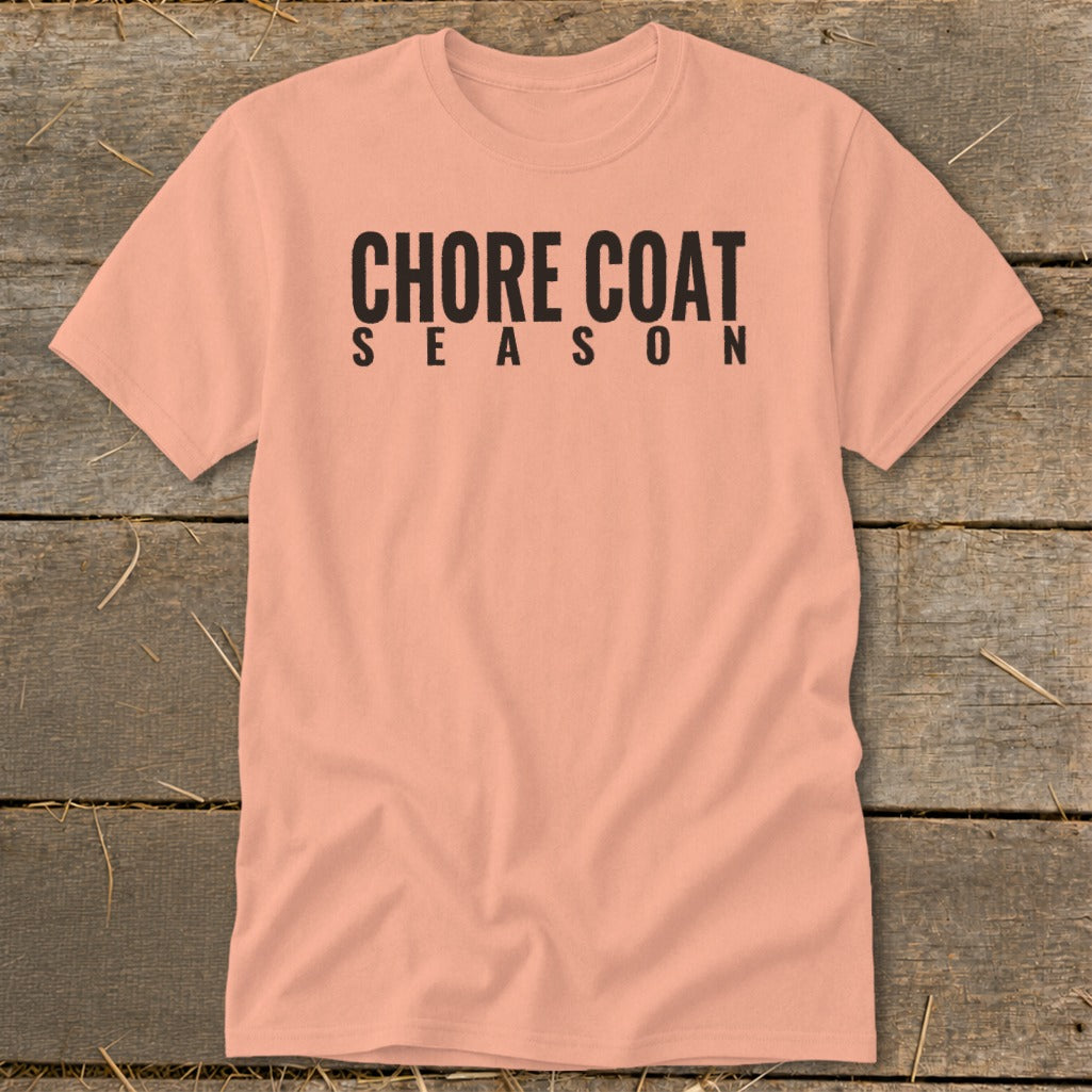 Peach t-shirt with "CHORE COAT SEASON" text in black.