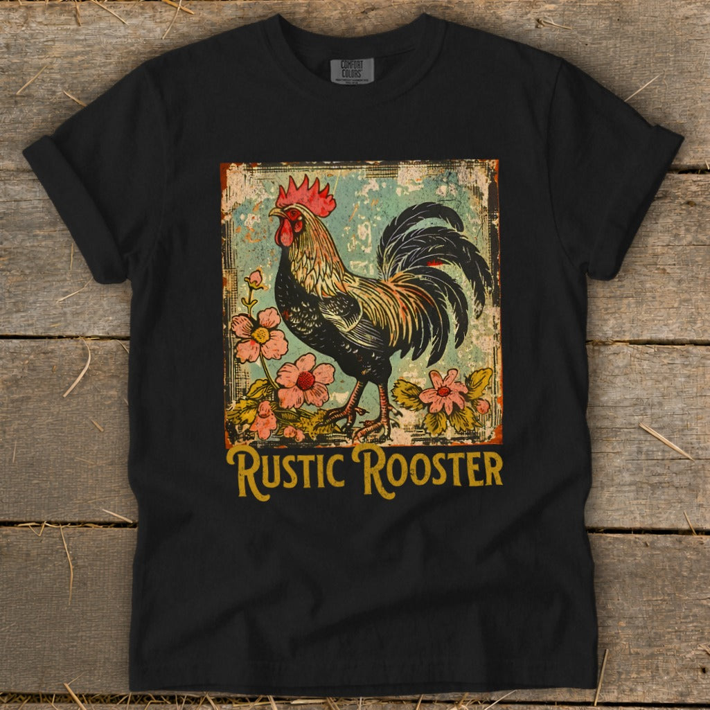 Black t-shirt featuring a rooster and flowers with the text "Rustic Rooster".