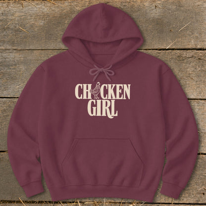 Maroon hoodie with "Chicken Girl" text and a chicken graphic.