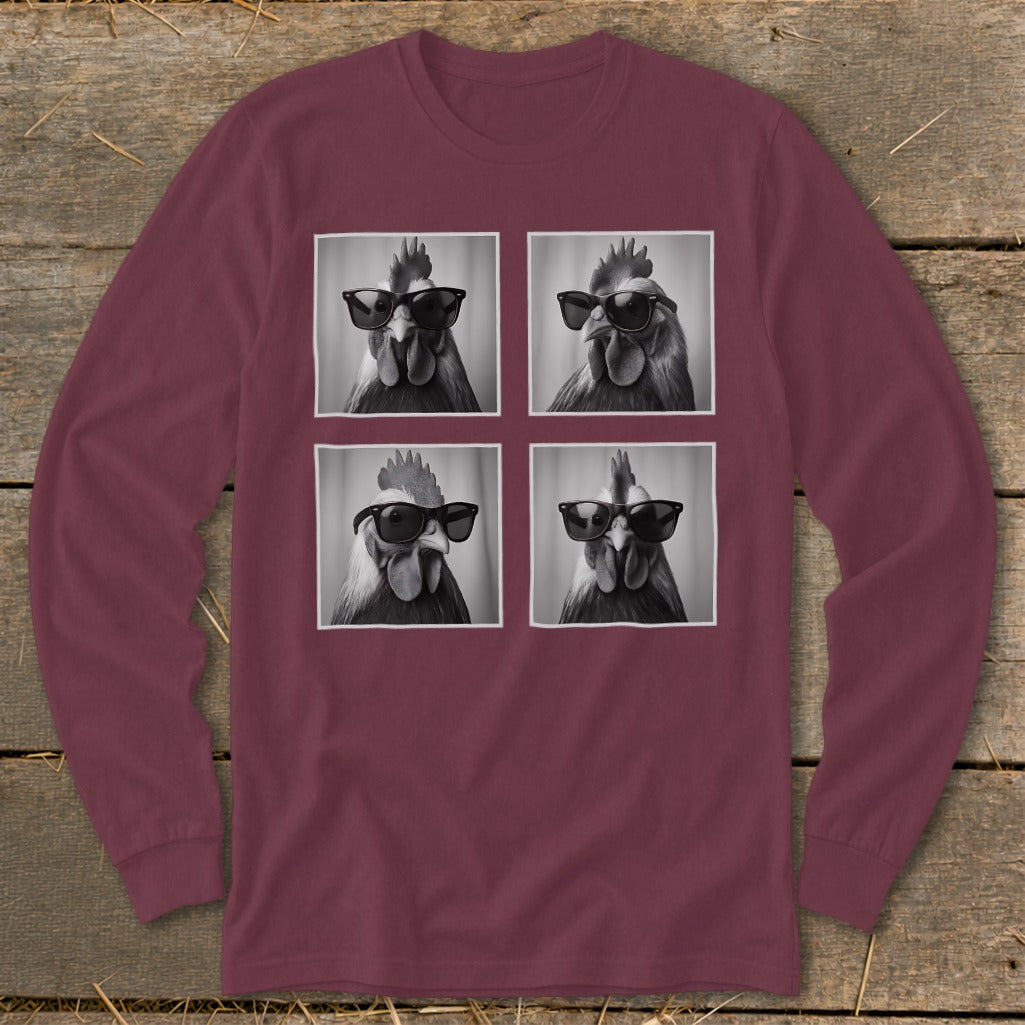 Four black and white portraits of roosters wearing sunglasses arranged in a grid.