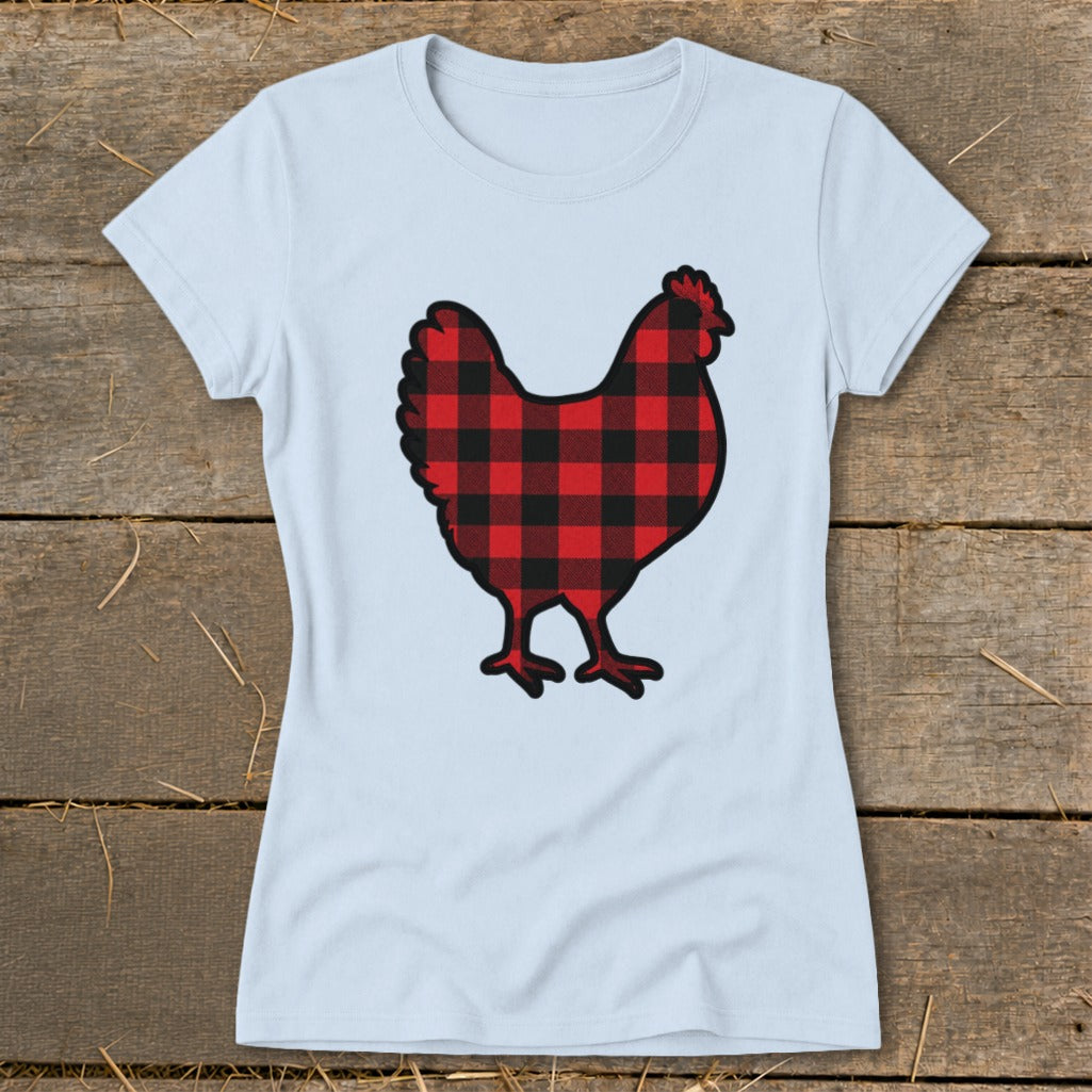 Light blue t-shirt with a black and red buffalo plaid chicken graphic.
