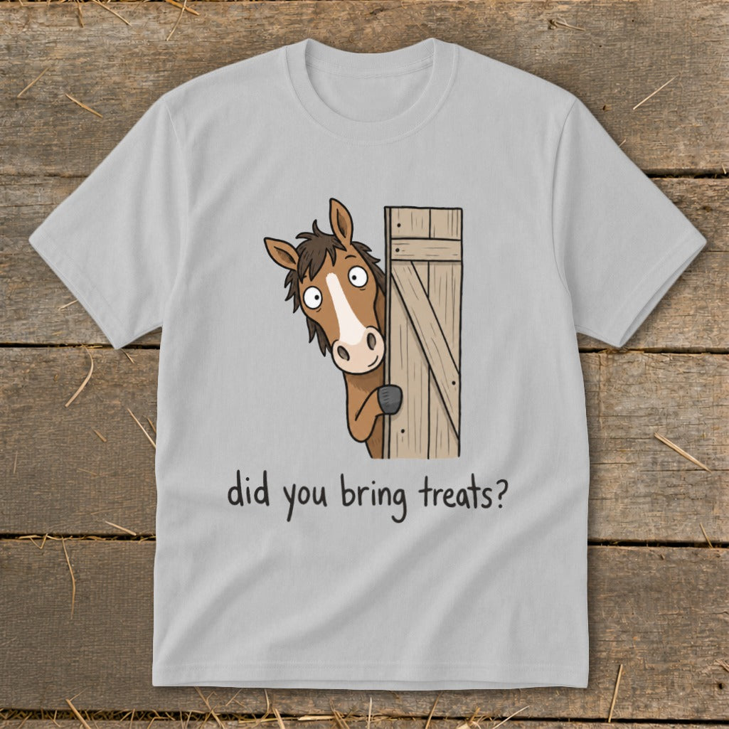 Light grey t-shirt with cartoon horse peeking from a wooden gate asking, "did you bring treats?"