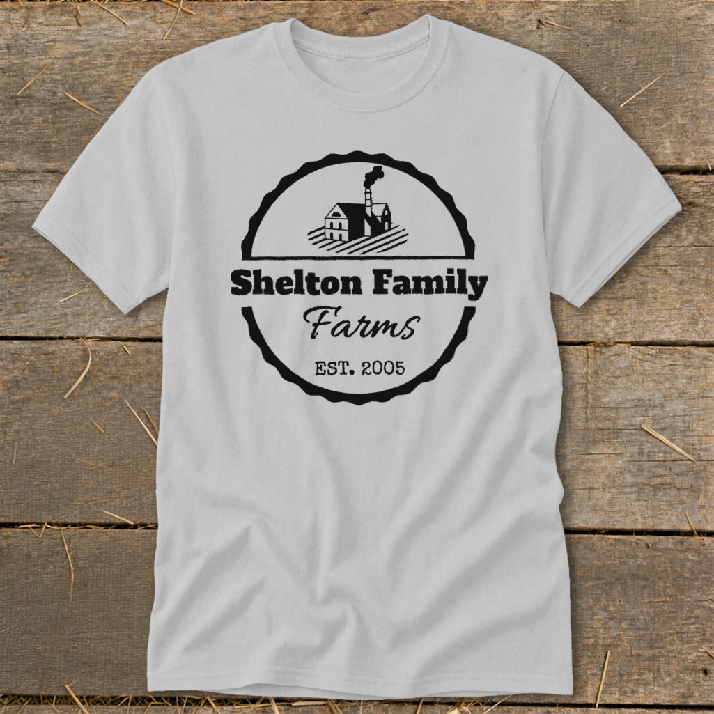 Light gray t-shirt with black "Shelton Family Farms EST. 2005" logo.