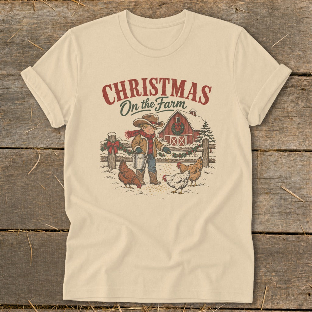 Christmas On the Farm illustration with boy feeding chickens by barn.
