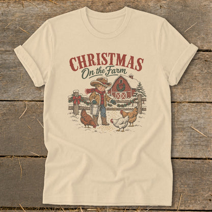 Christmas On the Farm illustration with boy feeding chickens by barn.