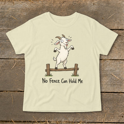 Cream t-shirt with cartoon goat standing on fence with text "No Fence Can Hold Me".