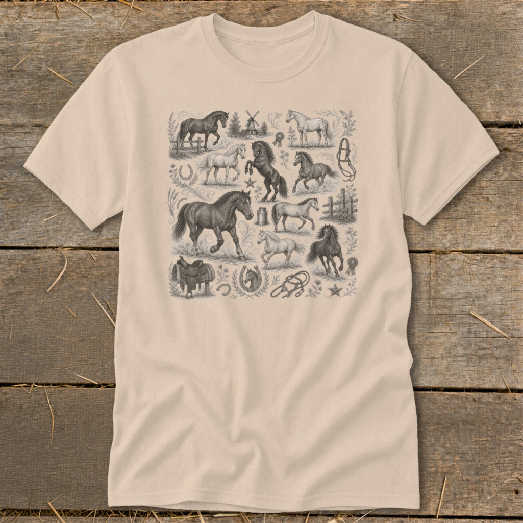 T-shirt with a detailed vintage illustration collage of horses, saddles, and horseshoes.