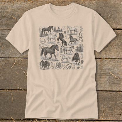 T-shirt with a detailed vintage illustration collage of horses, saddles, and horseshoes.