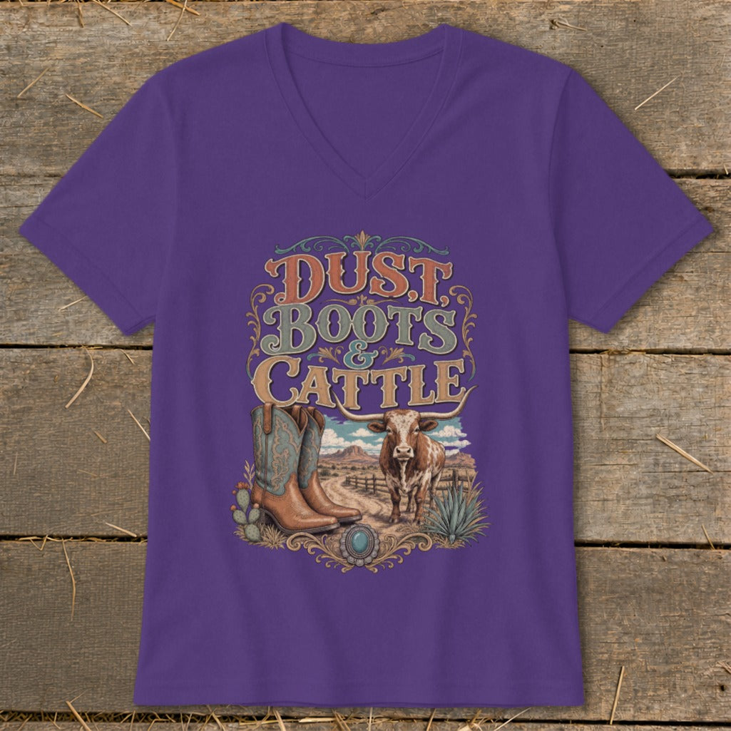 Purple t-shirt with "Dust Boots & Cattle" text, boots, and longhorn.