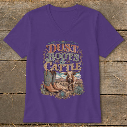 Purple t-shirt with "Dust Boots & Cattle" text, boots, and longhorn.