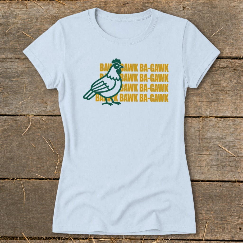 Light blue t-shirt with a green chicken graphic and yellow "Bawk Ba-Gawk" text.