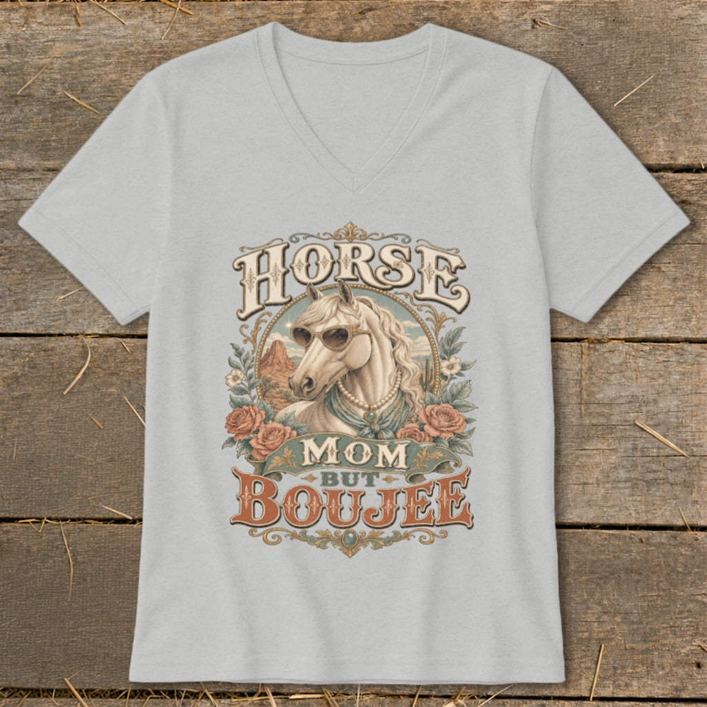Light grey t-shirt with "Horse Mom But Boujee" text and a horse wearing sunglasses.