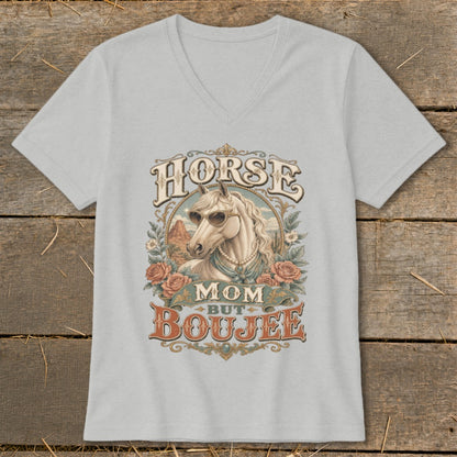 Light grey t-shirt with "Horse Mom But Boujee" text and a horse wearing sunglasses.