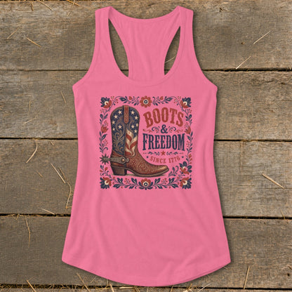 Pink tank top with "Boots & Freedom Since 1776" graphic featuring a patriotic cowboy boot.