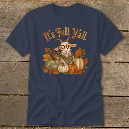 Navy t-shirt with a goat wearing glasses and bandana, surrounded by pumpkins and fall leaves, with text "It's Fall Y'all".