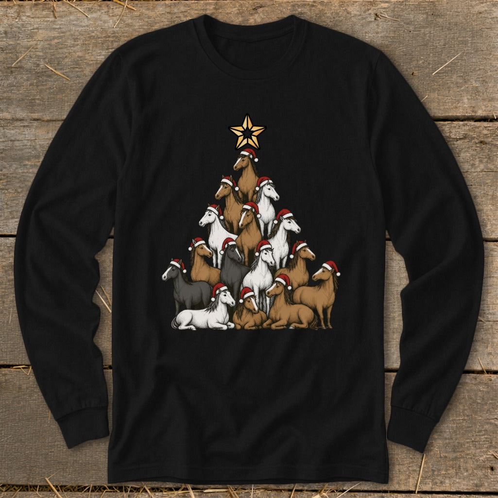 Horses wearing Santa hats form a Christmas tree shape with a star on top.