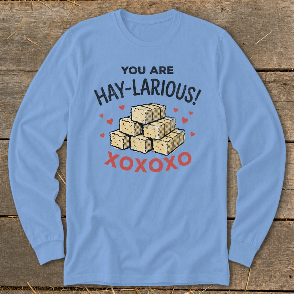 Blue long-sleeve shirt with "You Are Hay-Larious!" text and hay bales.