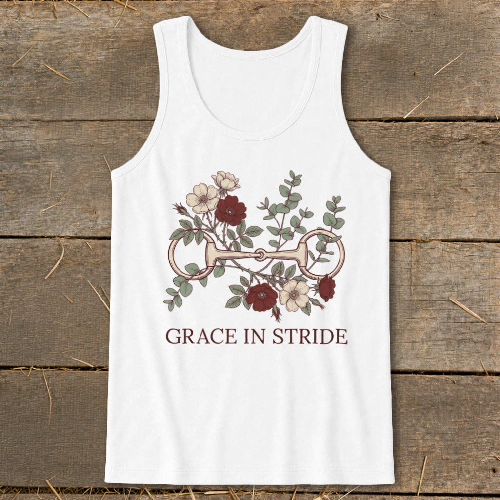 White tank top with floral horse bit graphic and "GRACE IN STRIDE" text.